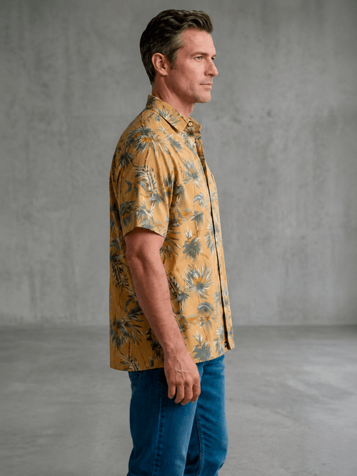 Camisa Palmeras Manga Corta Negro Palmeras C/Fondo Ocre Hombre