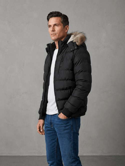 Parka con Capucha y Piel Negra Negro Hombre