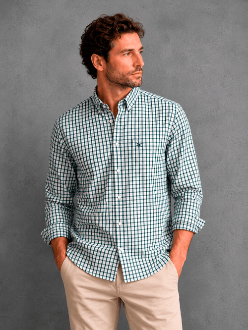 Camisa Modelo Poplin Cuadros Regular Fit Fondo Blanco C/Verde